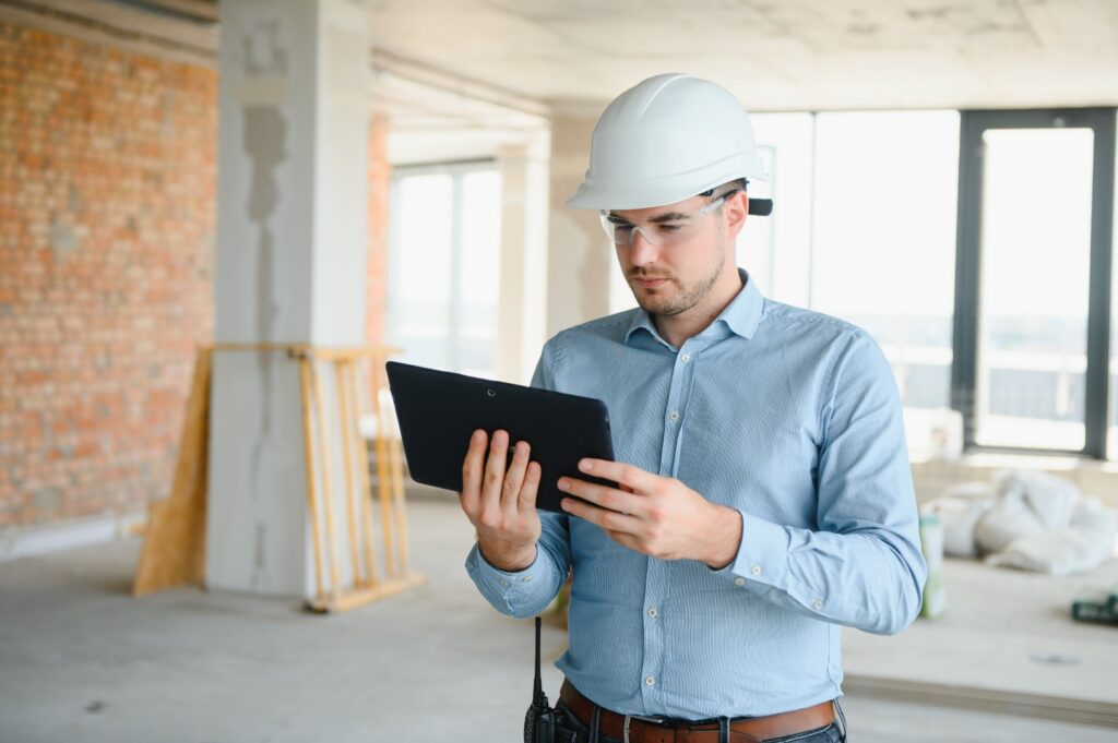 General contractor checking project timeline on tablet.